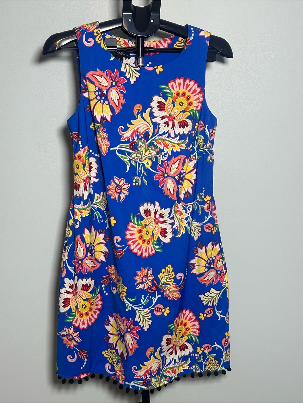AGB Blue Floral Shift Dress Size 8 Pom Pom Trim Pockets
